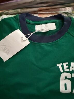Zara Green Tee with Navy Crewneck and White Graphic